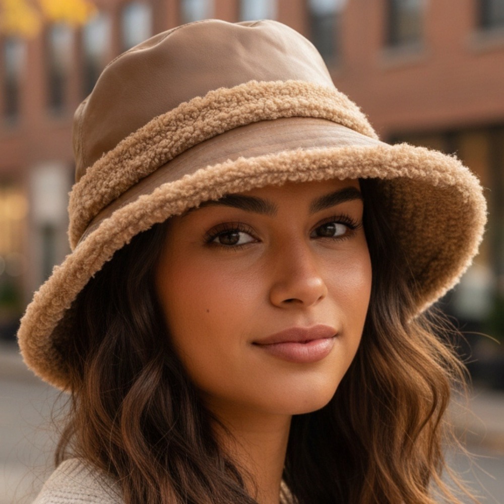 CC Beanie Womens Brown Faux‎ Leather Sherpa Trim Bucket Hat Winter NWT